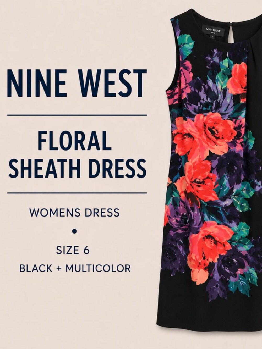 Nine West Black Floral Sheath Dress Women’s Size 6 Sleeveless
